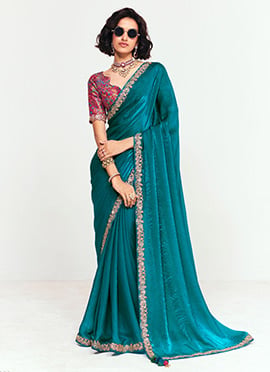 Aqua Blue Organza Tissue Embroidered Border Saree