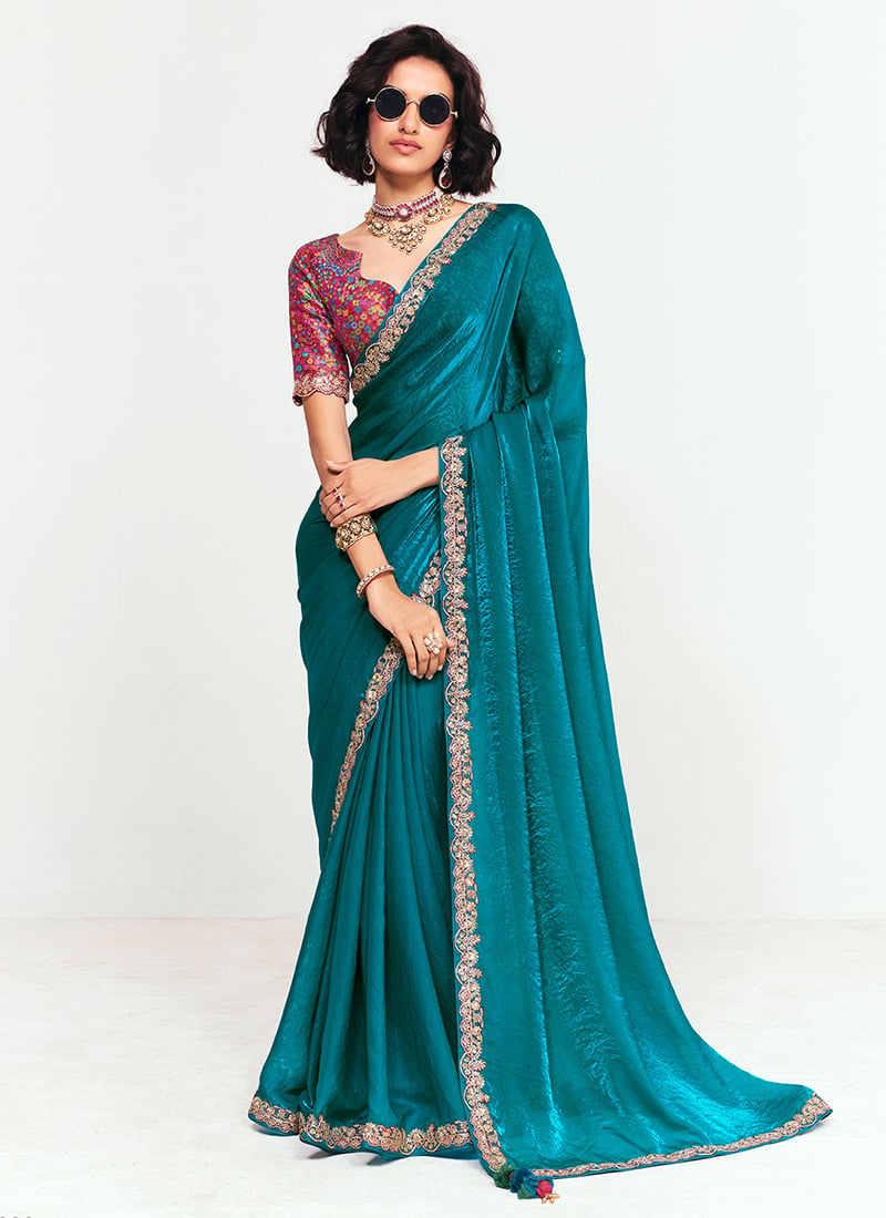Aqua Blue Organza Tissue Embroidered Border Saree After Six Wear