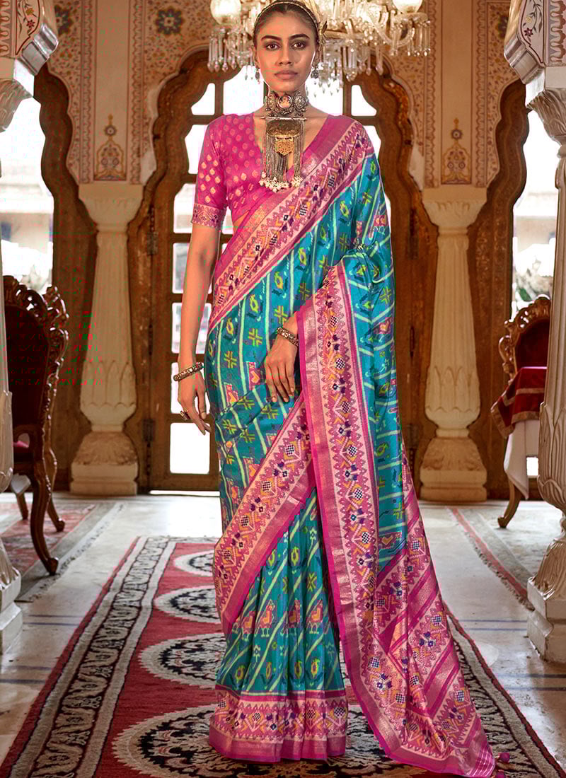 Aqua Blue PV Silk Digital Patola Print Saree