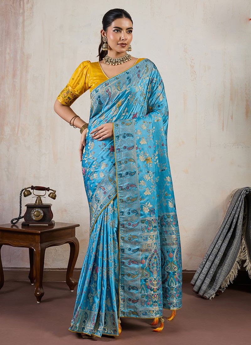 Aqua Blue Satin Blend Zari Saree Festive Wear