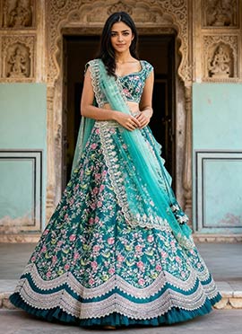 Aqua Blue Satin Embroidered Stones And Gota A Line Lehenga