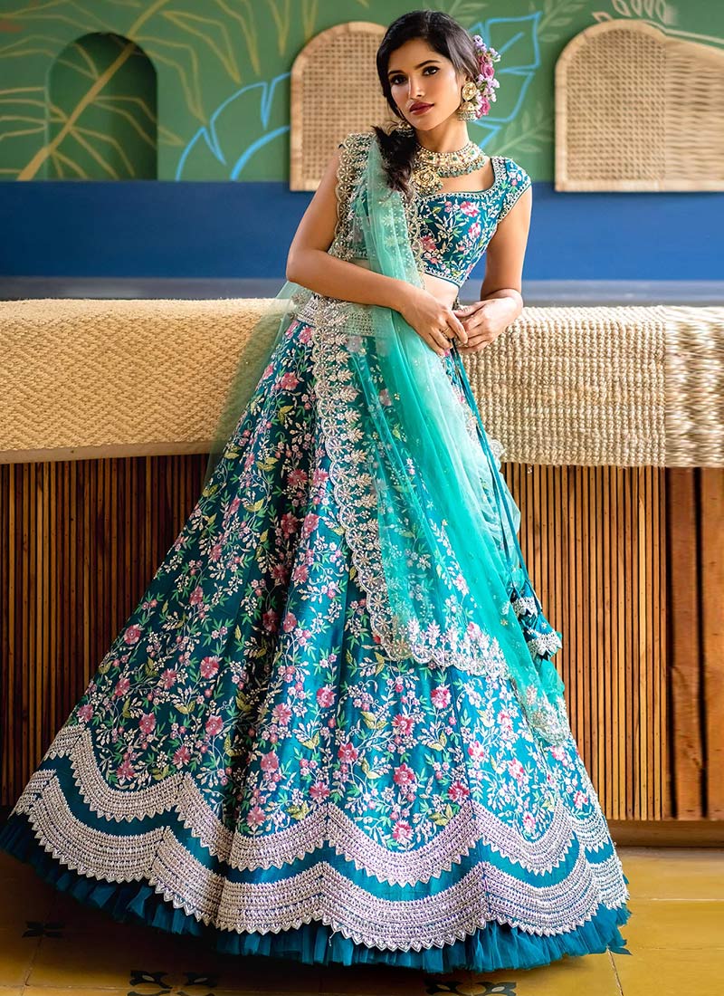 Aqua Blue Satin Embroidered Stones And Gota A Line Lehenga Wedding Wear