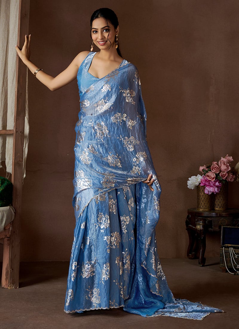 Aqua Blue Satin Silk Foil Print Stone Work Saree Festive Wear