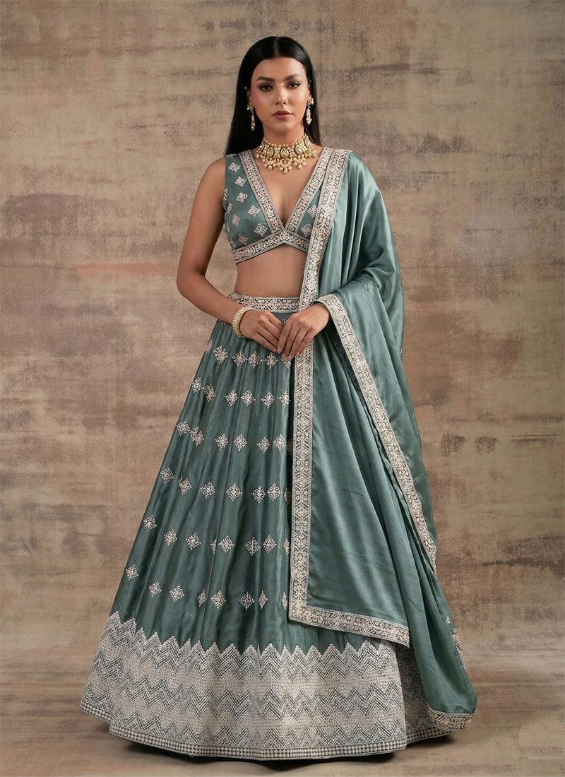 Aqua Blue Satin Silk Zari Sequins Lehenga Wedding Wear