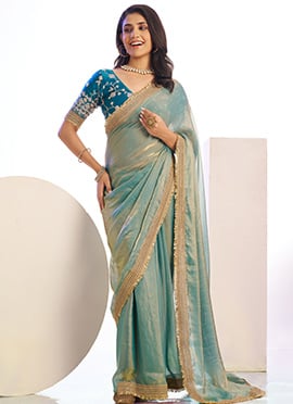 Aqua Blue Satin Zari Embroidered Saree