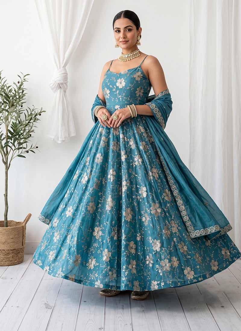 Aqua Blue Sequins Zari Crunshy Silk Anarkali Suit Festive Wear