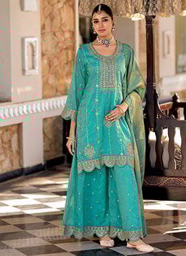 Aqua Blue Shimmer Silk Palazzo Suit With Sequins Embroidery And Digital Print Dupatta