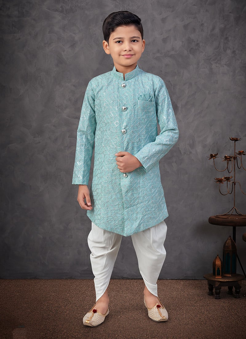 Aqua Blue Silk Embroidered Sequins Boys Indowestern Sherwani With Dhoti Wedding Wear