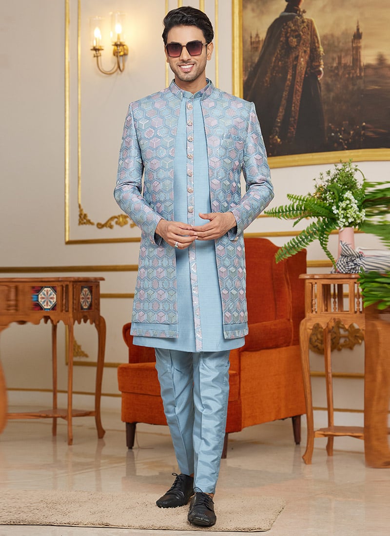 Aqua Blue Silk Sequins Indowestern Sherwani Wedding Wear