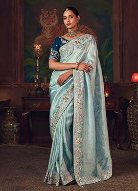 Aqua Blue Silk Zari Embroidered Sequins Beads Stones Thread Saree