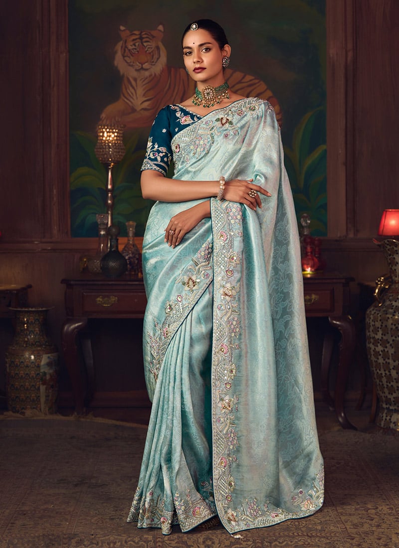 Aqua Blue Silk Zari Embroidered Sequins Beads Stones Thread Saree Wedding Wear