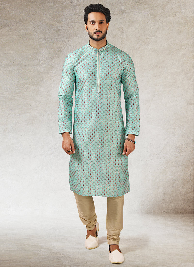 Aqua Blue Soft Art Silk Printed Kurta Pyjama Party Wear
