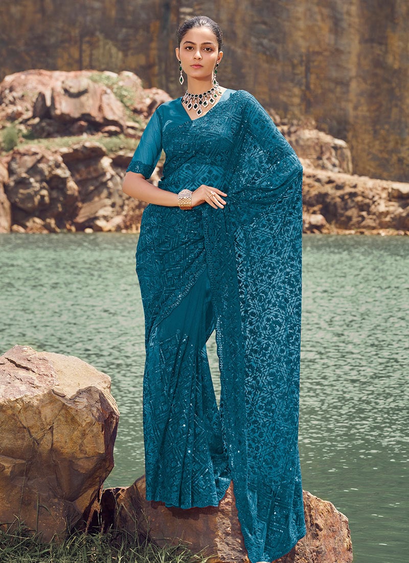 Aqua Blue Soft Net Embroidered Sequins Saree