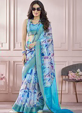 Aqua Blue Soft Silk Printed Zari Woven Saree