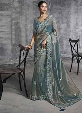 Aqua Blue Tissue Embroidered Sequins With Stone And Beads Work Saree
