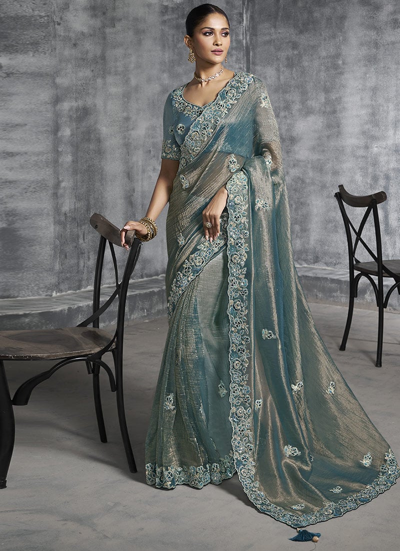 Aqua Blue Tissue Embroidered Sequins With Stone And Beads Work Saree  Wedding Wear