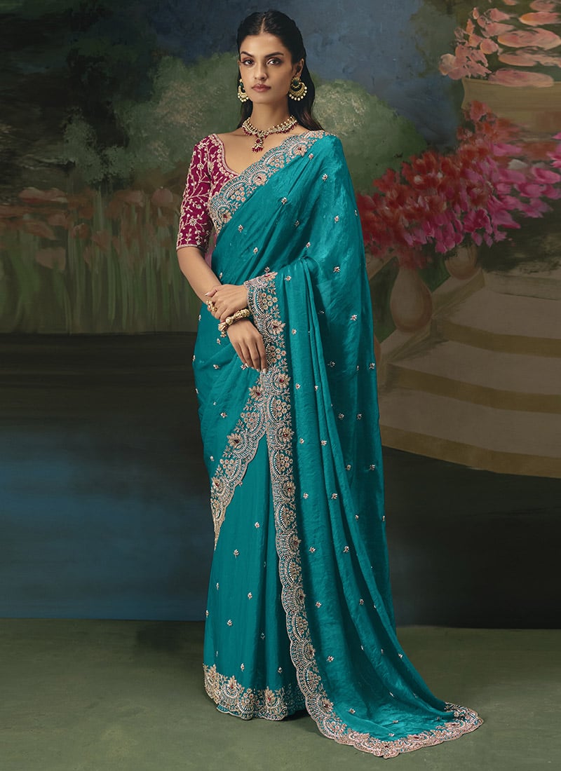 Aqua Blue Tissue Organza Sequins Embroidered With Stone Work Saree Wedding Wear