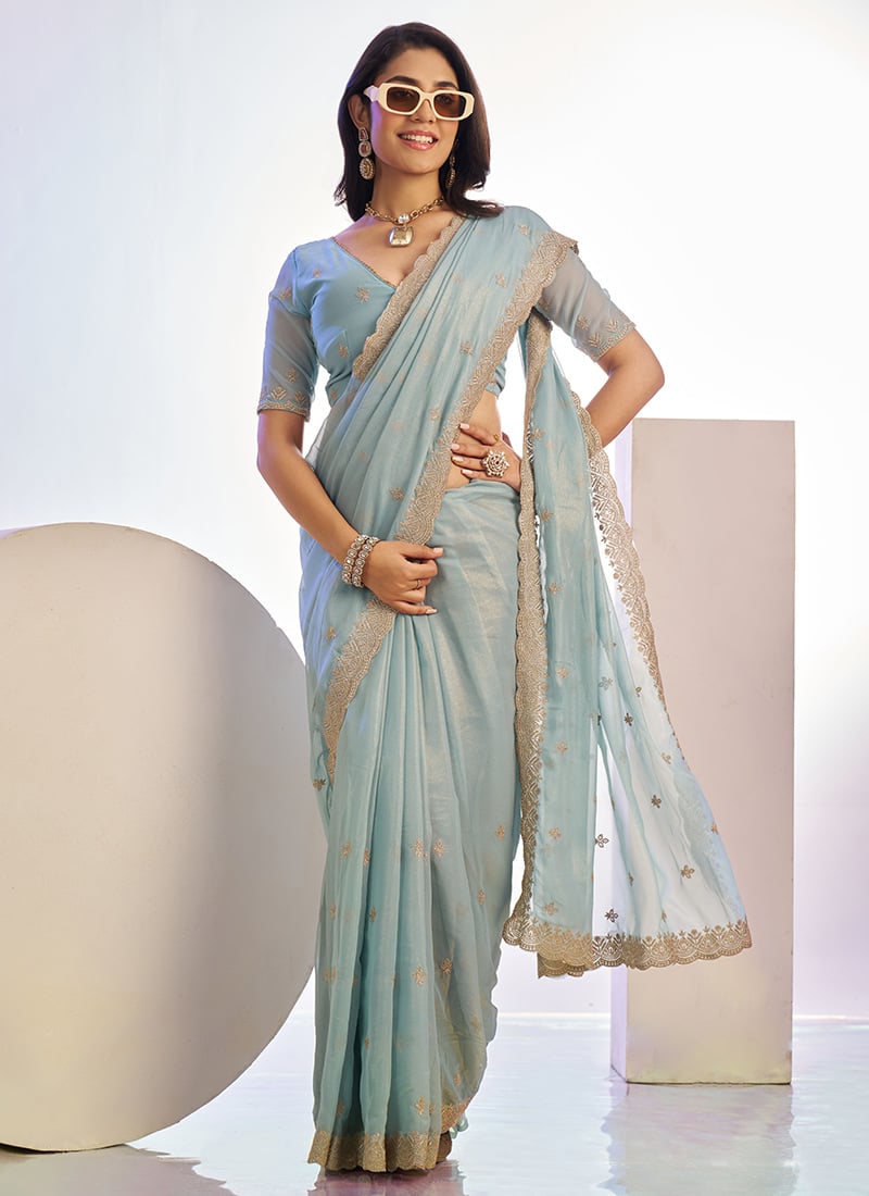 Aqua Blue Tissue Zari Embroidered Saree Festive Wear