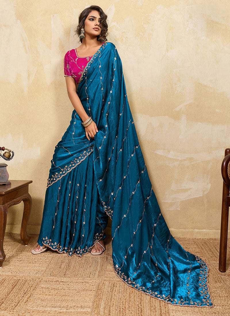 Aqua Blue Velevet Zari Sequins Saree After Six Wear