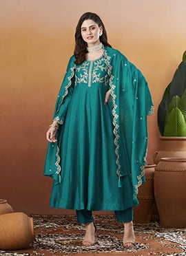 Aqua Blue Vichitra Silk Embroidered Sequins Straight Pant Suit