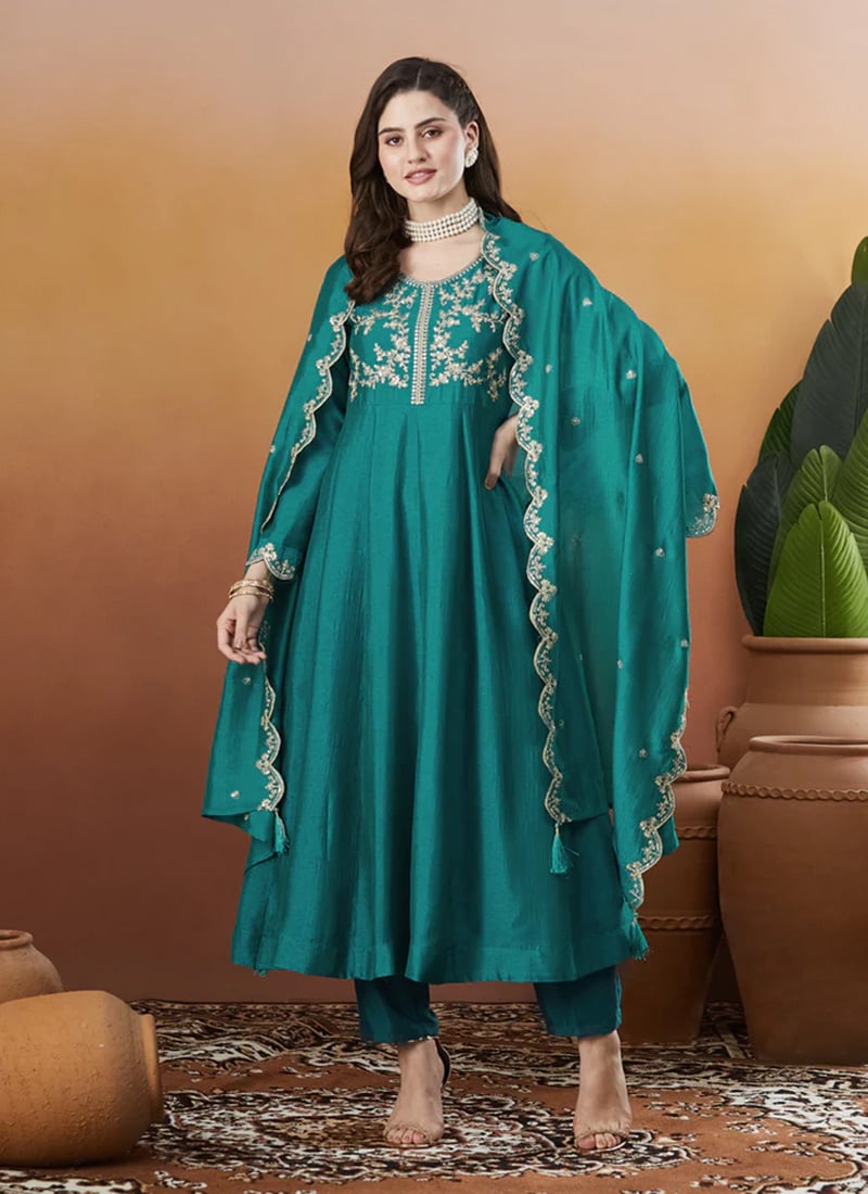 Aqua Blue Vichitra Silk Embroidered Sequins Straight Pant Suit After Six Wear