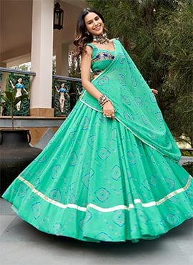 Aqua Green Bandhej Print Gota Umbrella Lehenga