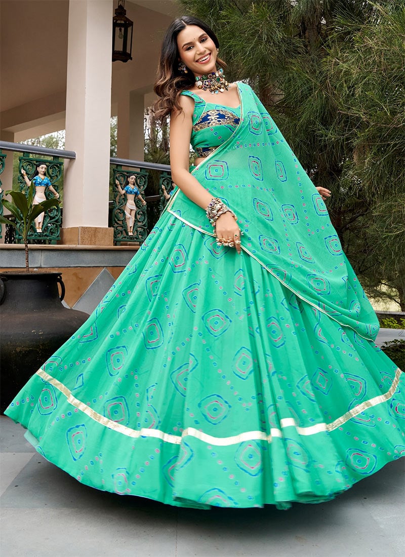 Aqua Green Bandhej Print Gota Umbrella Lehenga Festive Wear