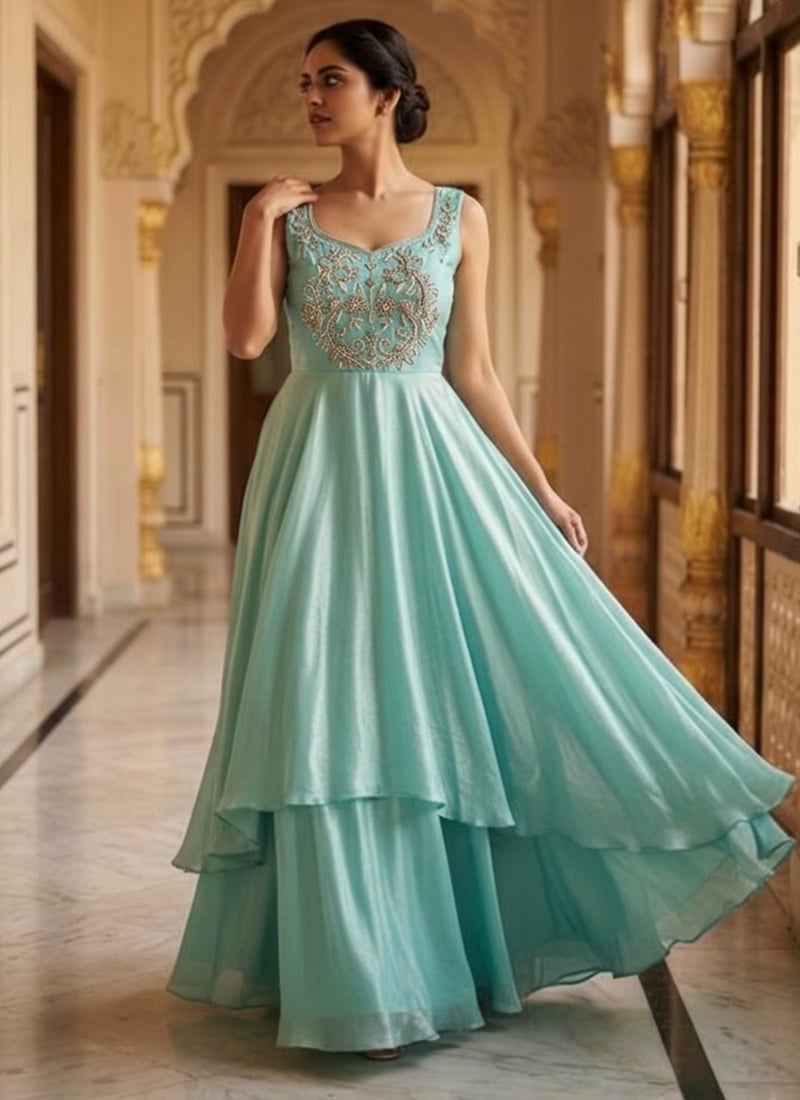 Aqua Green Fendy Silk Beaded Sequin Gown Wedding Wear