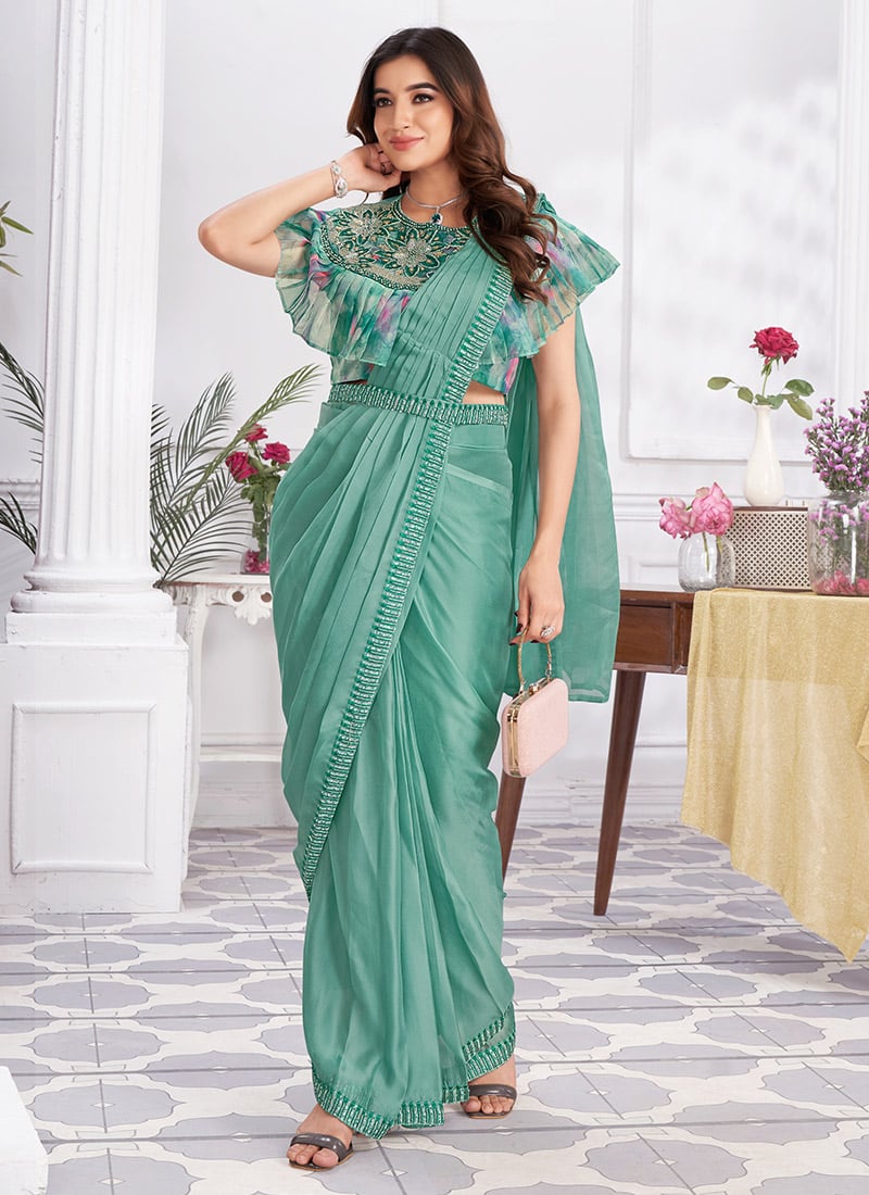 Aqua Green Georgette Embroidered Sequins Stone Pre Draped Ravishing Saree Party Wear