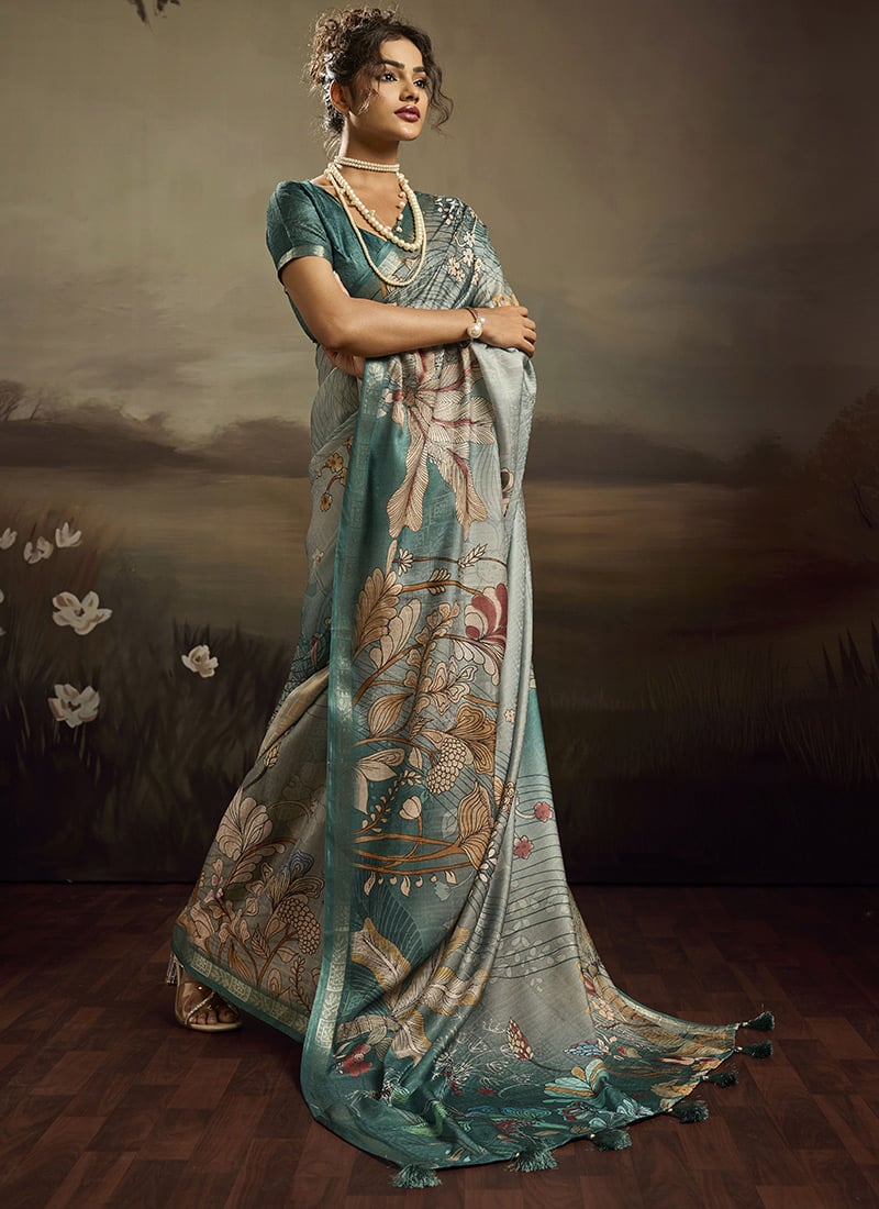 Aqua Green Jacquard Silk Floral Woven Saree After Six Wear