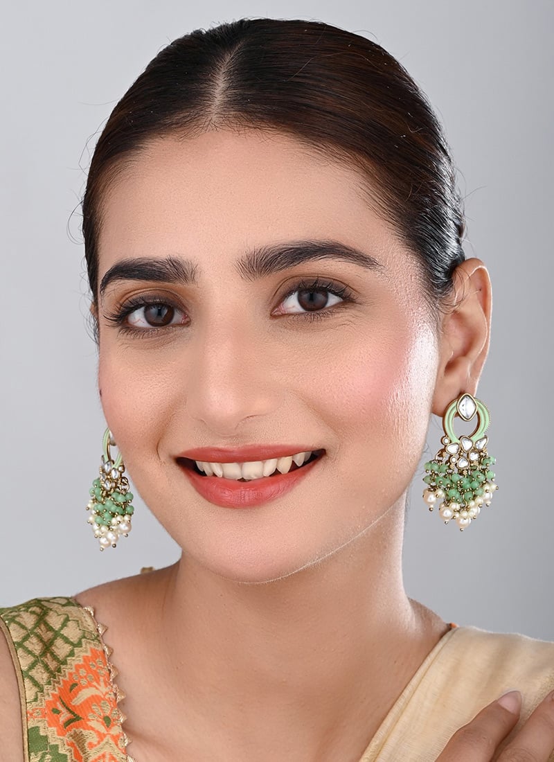 Aqua Green Kundan Meenakari Pearl Dangler Earrings After Six Wear