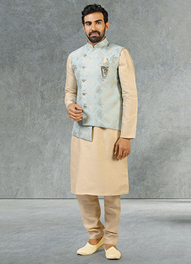 Arctic Blue Jacquard Benarasi Silk Bandi Set