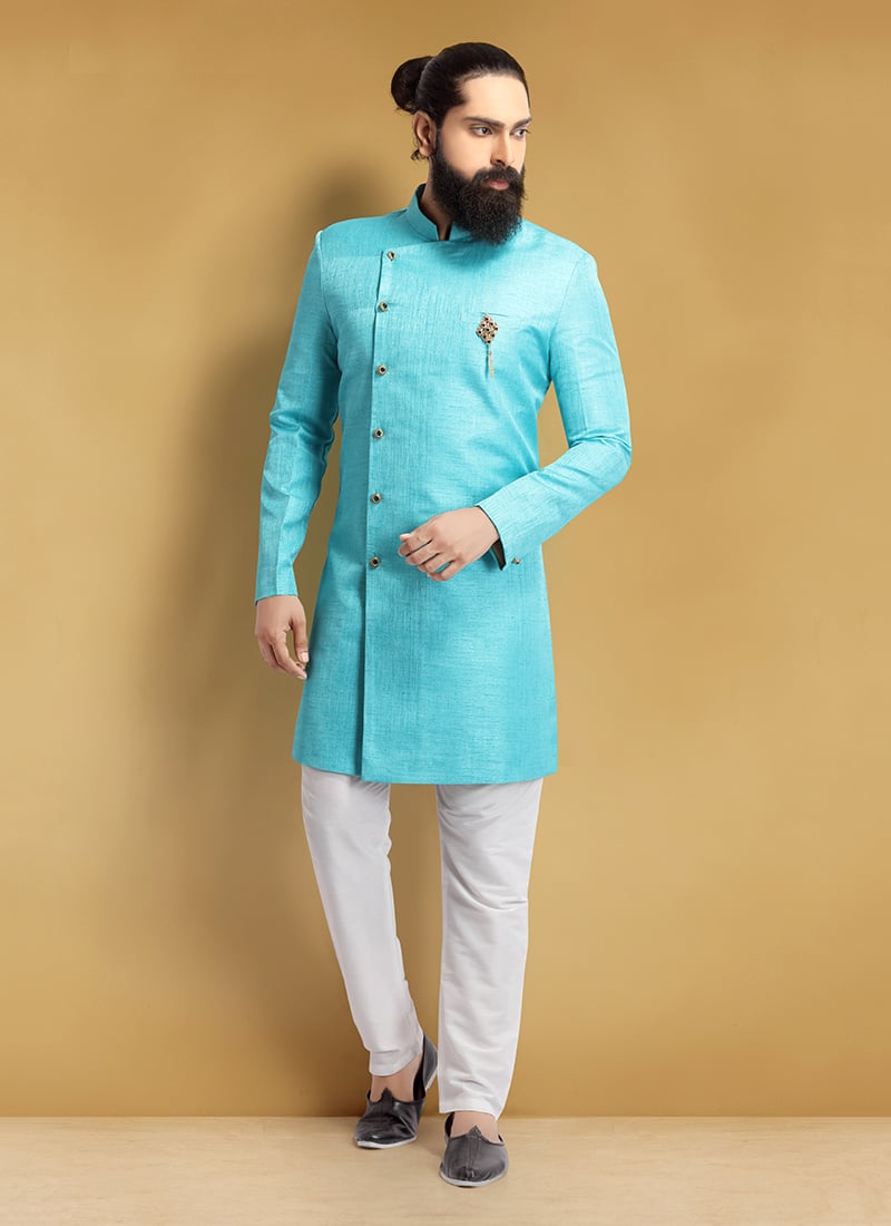 Arctic Blue Jacquard Silk Soild Stitched Indowestern Sherwani Wedding Wear