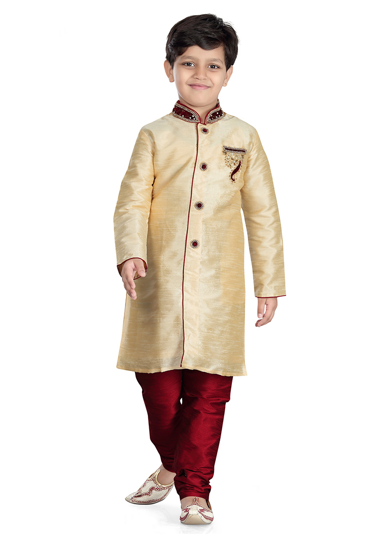 Art Dupion Silk Beige Kids Kurta Pyjama