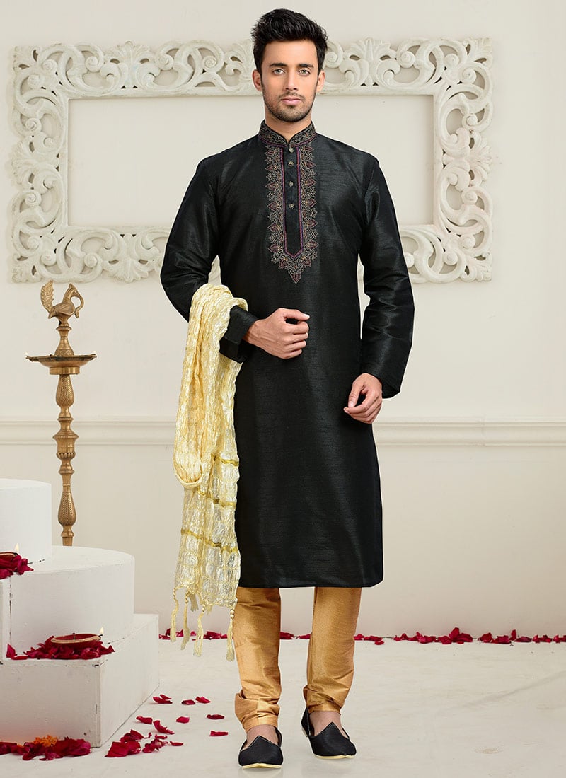 Art Dupion Silk Black Kurta Pyjama Party Wear