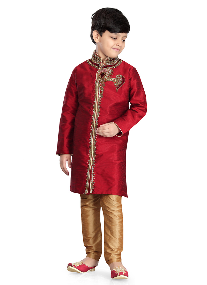 art Dupion Silk Maroon Kids Kurta Pyjama