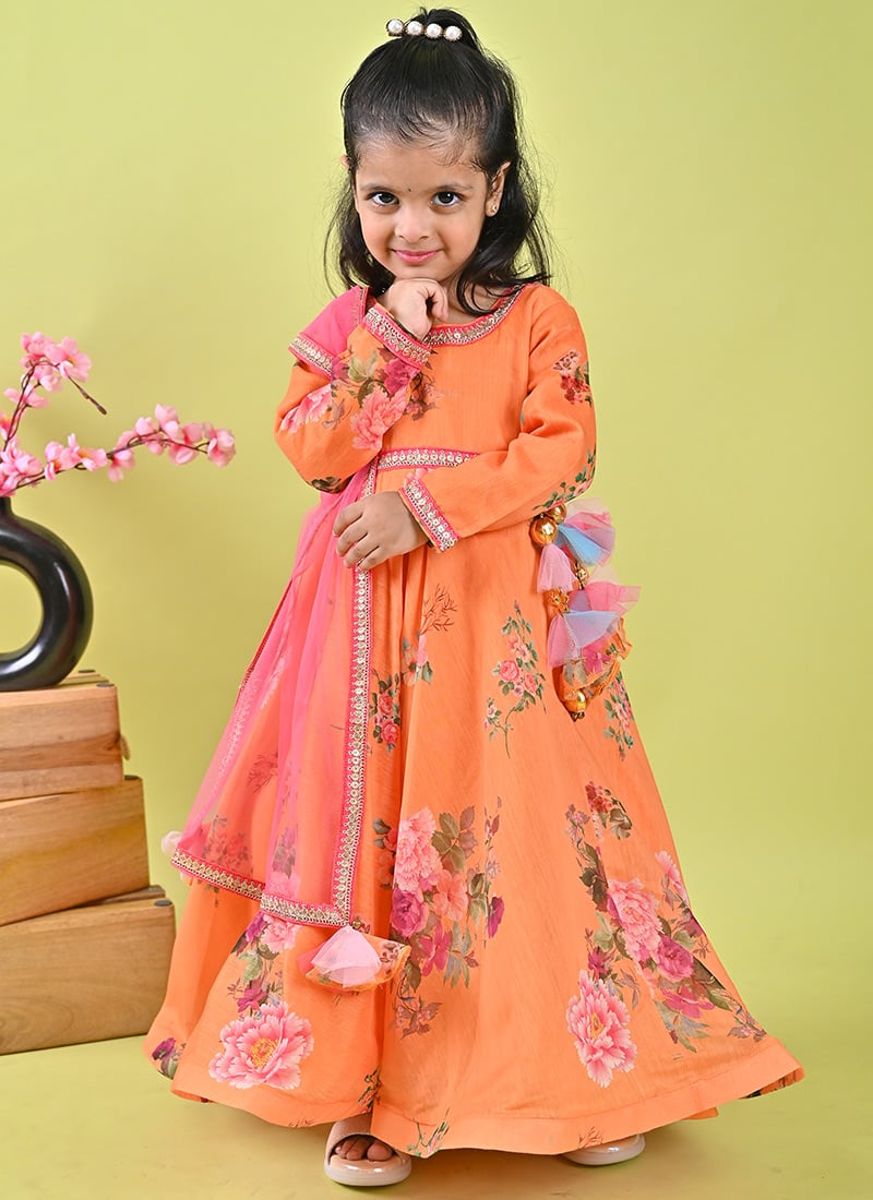 Art Silk Printed Kids Girls Indowestern Sets And Suits With Round Neck And Full Sleeve Party Wear