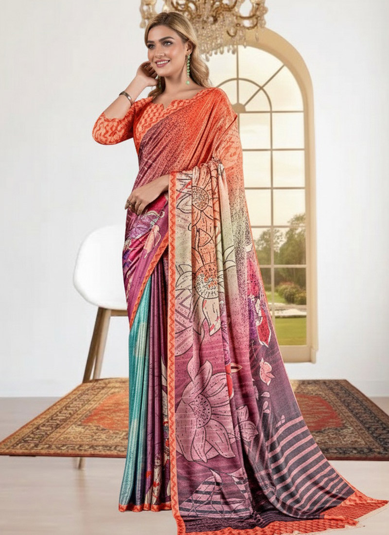 Artistic Multicolored Silk Crepe Digital Print Saree After Six Wear