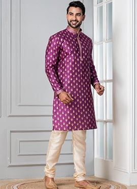 Artistic Purple Dupion Silk Printed Kurta Pyjama