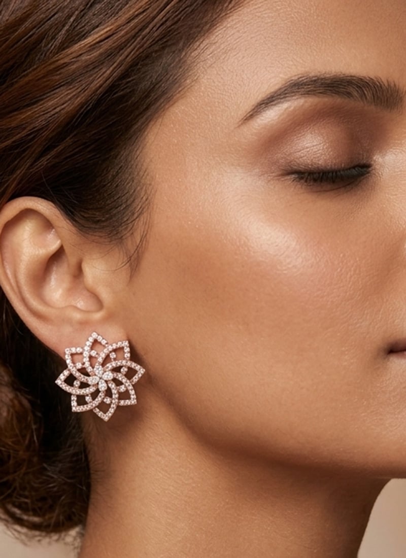 Artistic Rose Gold 925 Sterling Silver Moissanite Stone Stud Earrings Wedding Wear