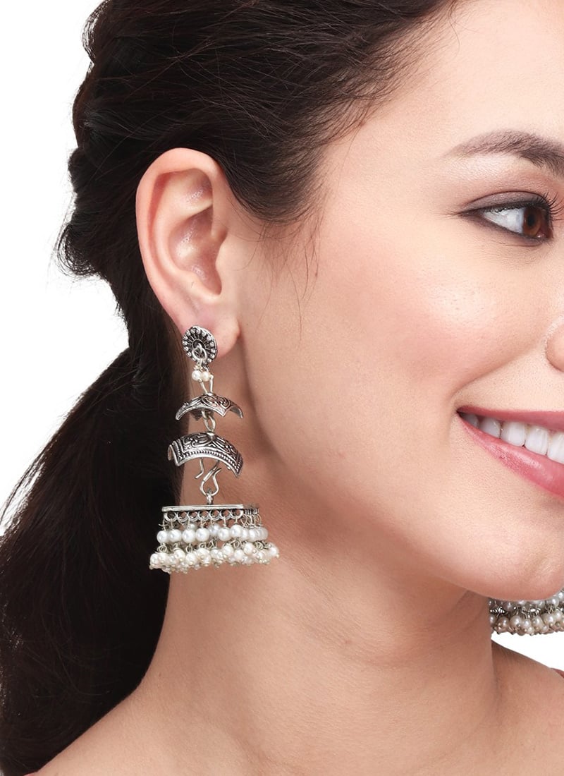 Artistic Silver Oxidised Three Tier Square Jhumka Festive Wear