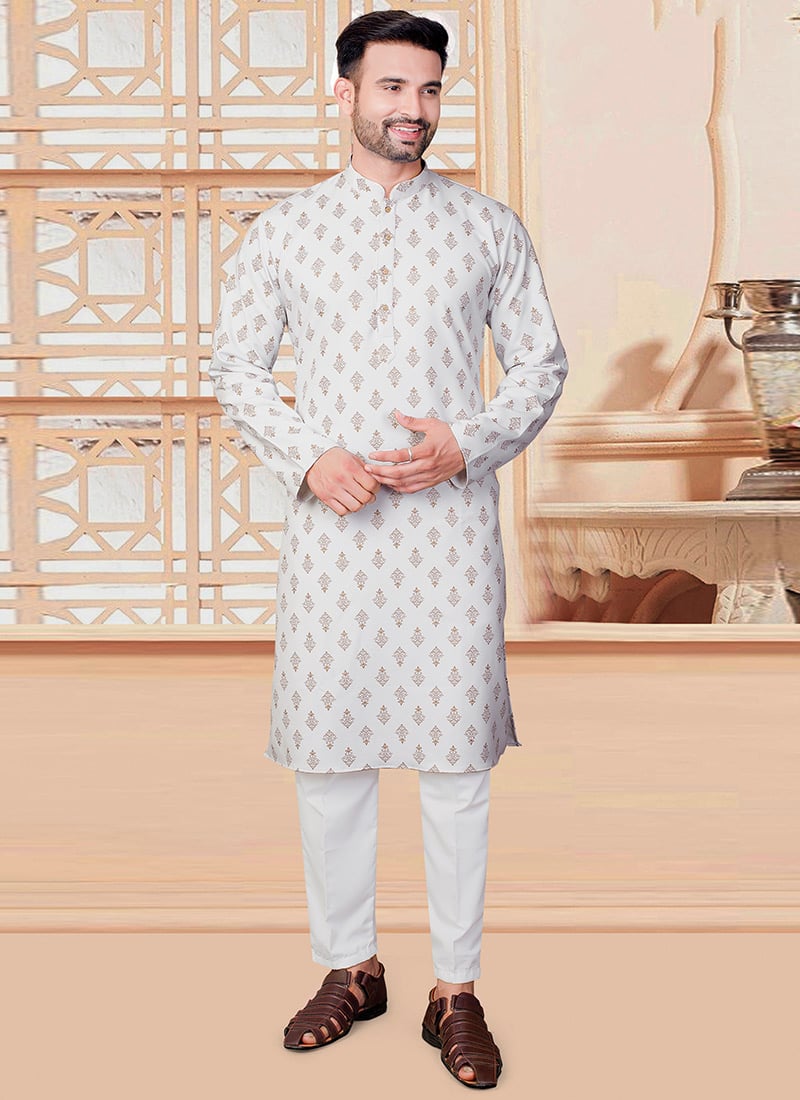 Artistic White Rayon Printed Kurta Pyjama Festive Wear