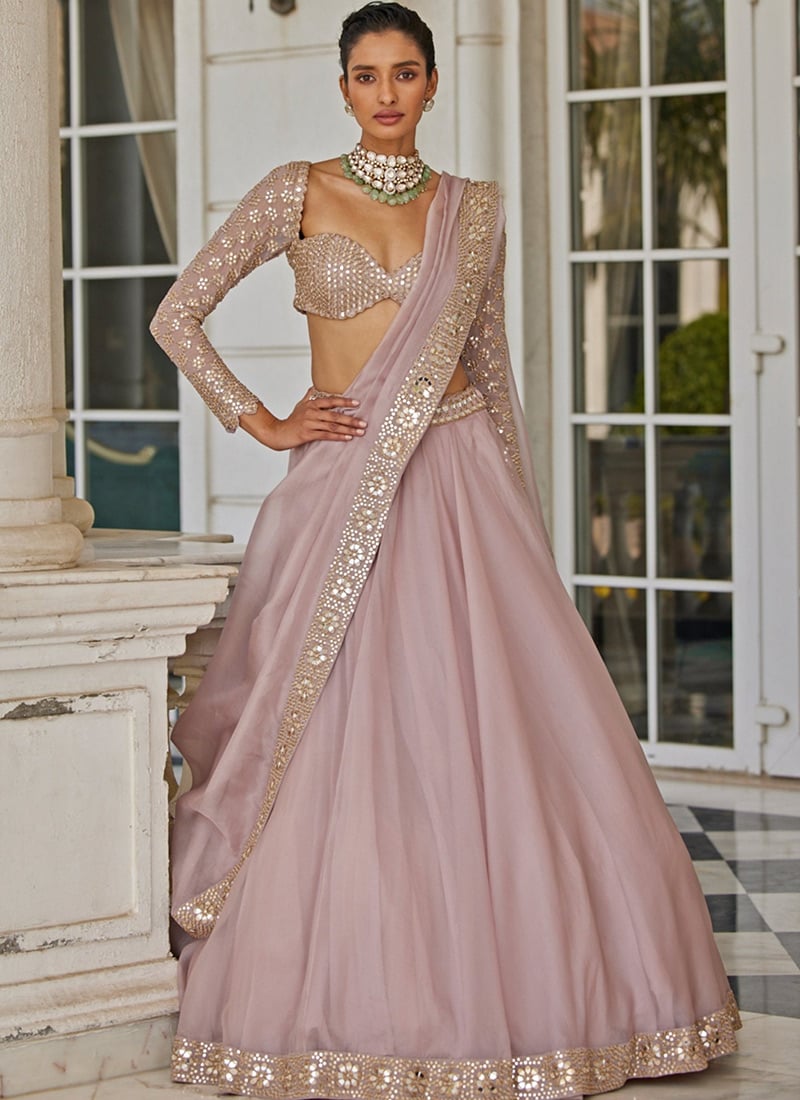 Ash Pink Zari Sequins Paper Mirror Organza Silk Lehenga Wedding Wear