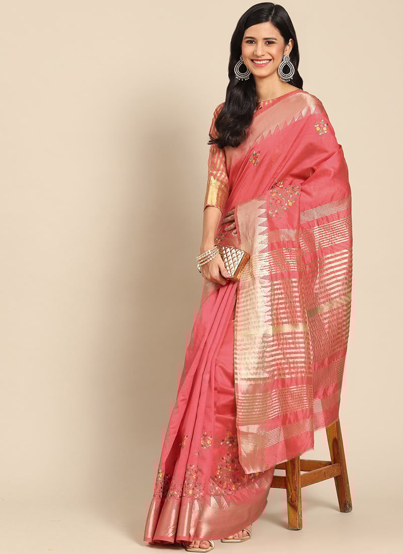 Assam Cotton Silk Colourful Thread Embroidery Work Saree