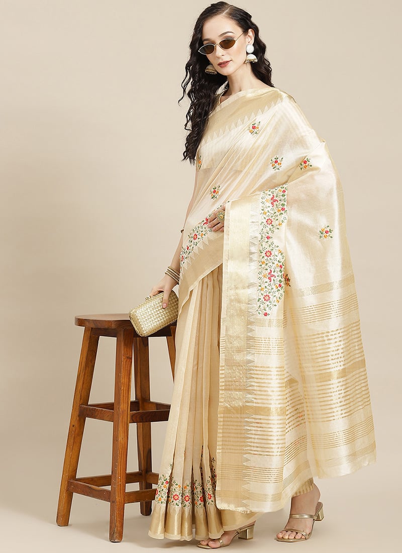 Assam Cotton Silk Thread Embroidered Work Temple Contrast Border Saree Festive Wear-SASSAF1698