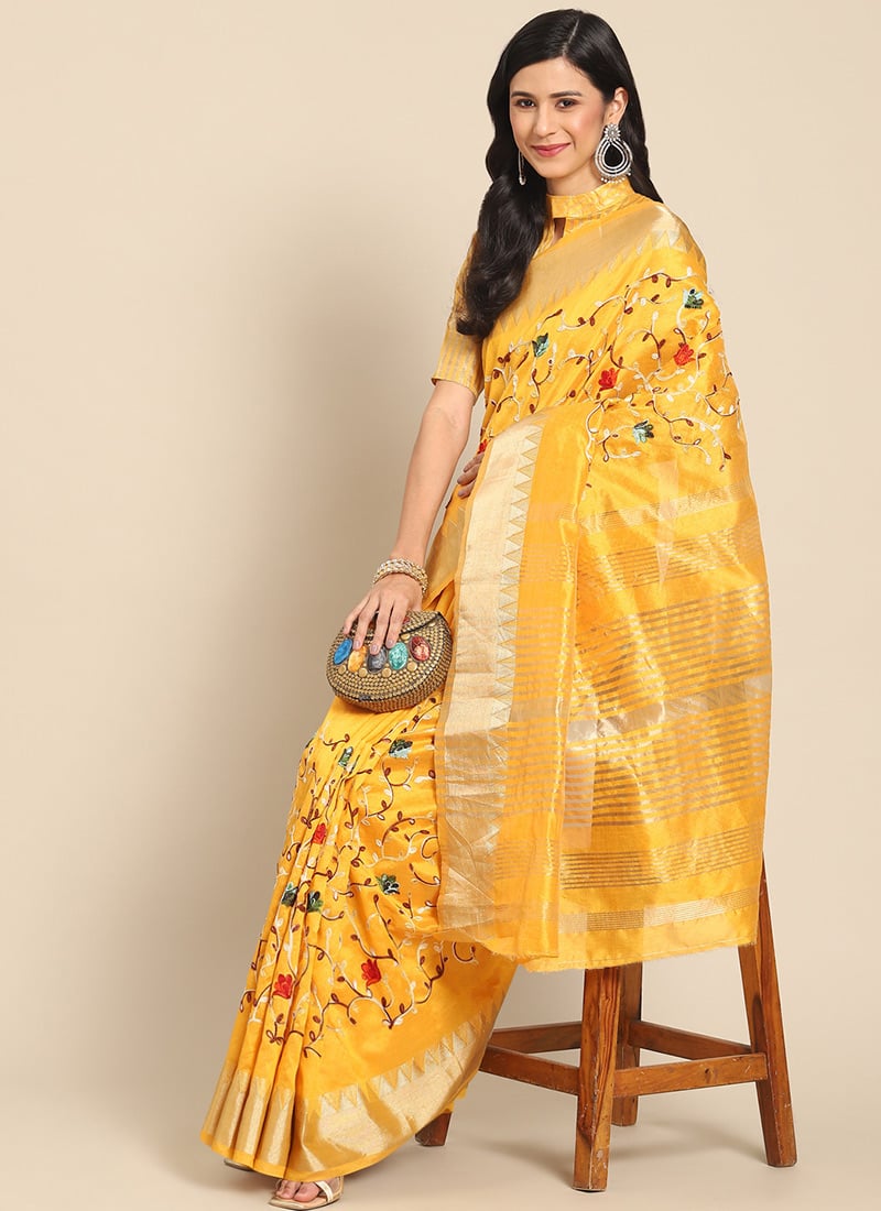 Assam Cotton Silk Thread Embroidered Work Temple Contrast Border Saree