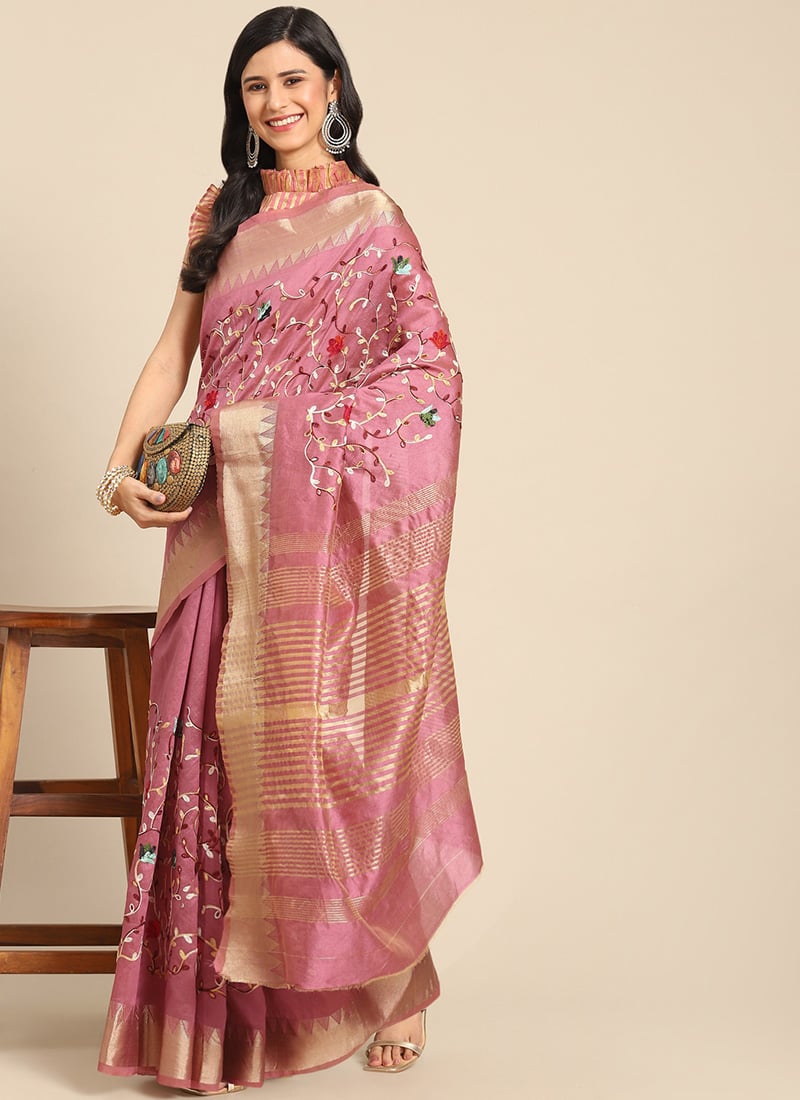 Assam Cotton Silk Thread Embroidered Work Temple Contrast Border Saree