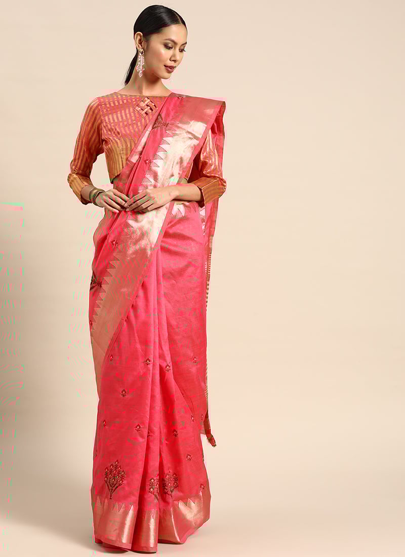 Assam Cotton Silk Zari Thread Embroidery Work Temple Contrast Border Saree