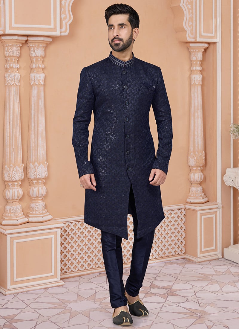 Attractive Banarasi Jacquard Thread Silk Indowestern Sherwani Wedding Wear