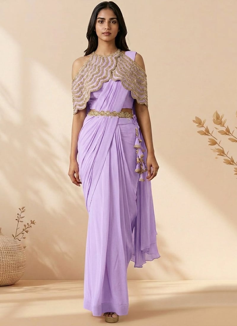 Attractive Lavender Faux Georgette Sequins Stones Hand Embroidered Saree Wedding Wear